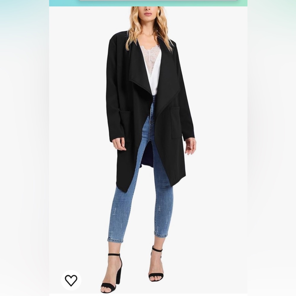 Women’s waterfall collar long sleeve wrap trench peacoat. Black size L stretchy